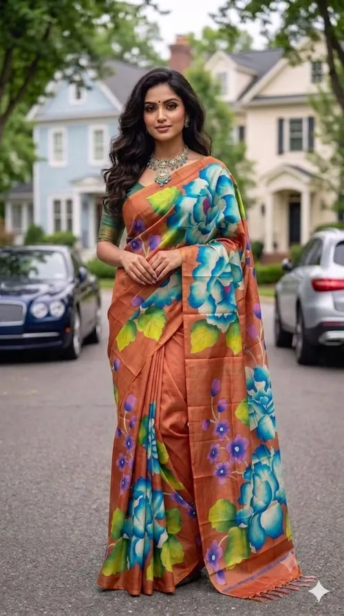 Hand-Painted Bishnupur Silk Saree with Big Floral Design – Latest Designer Collection